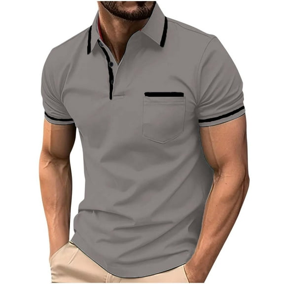 YLSDY Men's Button Collared Shirts 2025 Short Sleeve Casual Button Collared T Shirt Color Block Slim Fit Golf Shirts with Pocket Dark Gray S