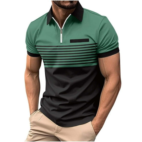 YLSDY Men's Button Collared Shirts 2025 Short Sleeve Casual Button Collared T Shirt Color Block Slim Fit Golf Shirts with Pocket Green S
