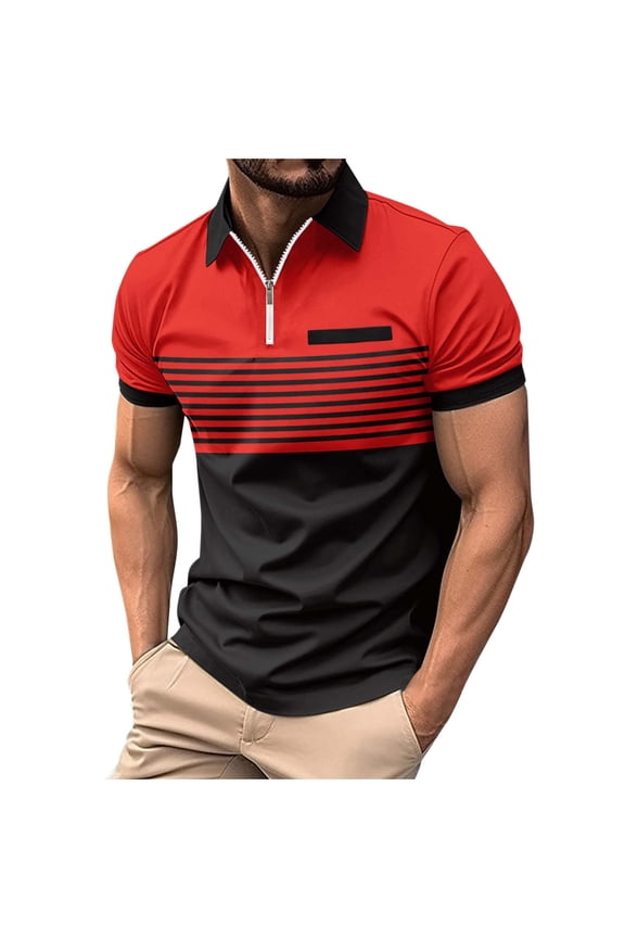Men's Button Collared Shirts 2025 Short Sleeve Casual Button Collared T Shirt Color Block Slim Fit Golf Shirts with Pocket Red XXL