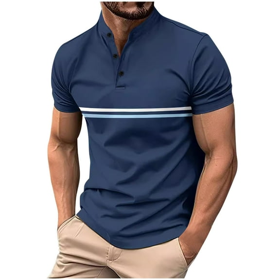 YLSDY Men's Button Collared Shirts Casual Regular Fit Short Sleeve Pique Button Collared T-Shirts Classic Striped Collarless Button Up Golf Tennis Shirts Navy XXXL