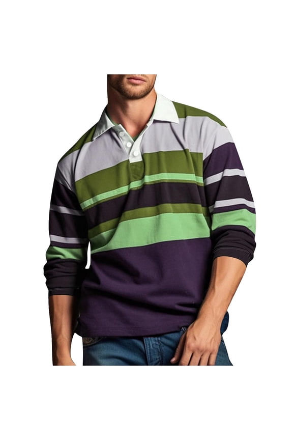 Men's Button Collared Shirts Long Sleeve Color Block Striped Quick Dry Casual Collared Pique Golf Button Collared Shirts for Mens Purple XXL