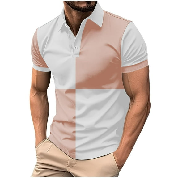 YLSDY Men's Button Collared Shirts Short Sleeve 2025 Casual Button Collared T Shirt Color Block Slim Fit Summer Collared Golf Shirts Pink XXXL