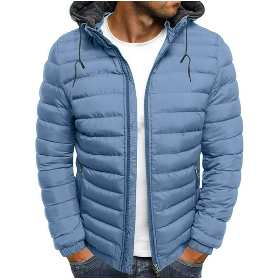 YLSDY Men's Puffer Jacket Lightweight Zip Up Winter Warm Hooded Coats Waterproof Insulated Jacket with Pockets Light Blue XS