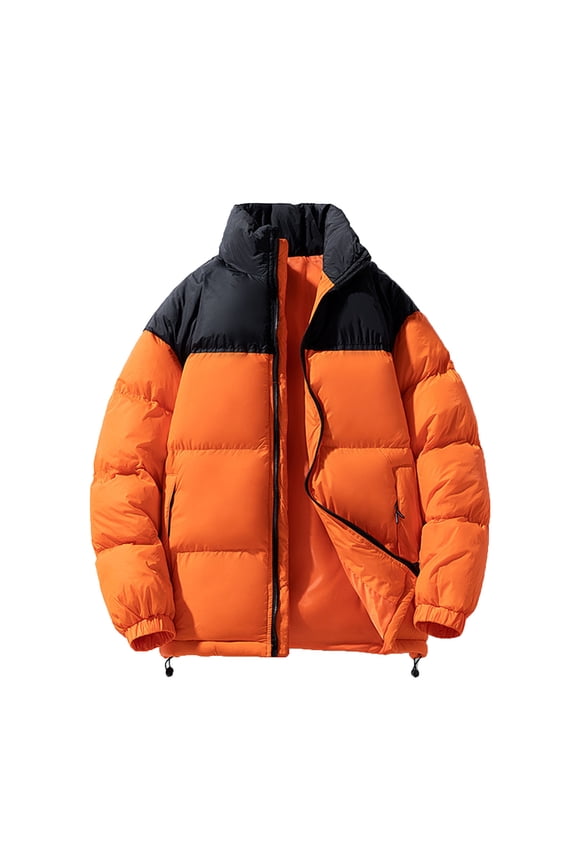 Men's Puffer Jacket Thickened Winter Coat Warm Stand Collar Color Block Zip Up Jacket Ski Bubble Coat Orange L