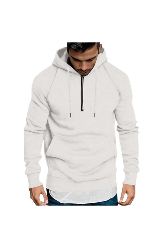 Men's Quarter Zip Casual Sweatshirt Hoodie Lightweight Long Sleeve with Kangaroo Pocket Slim Fit Basic Pullover White XXXL