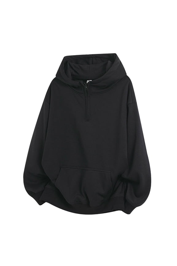 Men's Quarter Zip Hoodies Zip Up Hoodie Long Sleeve Drop Shoulder Sweatshirt Casual Pullover with Kangaroo Pocket Black L