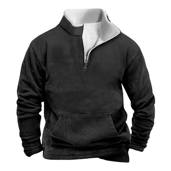YLSDY Men's Quarter Zipper Sherpa Sweatshirts 2025 Thermal Warm Sweater 1/4 Zip Stand Collar Color Block Tactical Jacket Black M