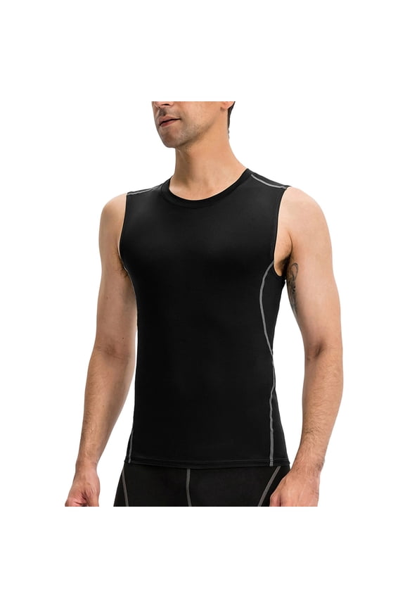 Men's Quick Dry Compression Tank Top, Breathable Athletic Sleeveless Shirt with Contrast Trim Black XL