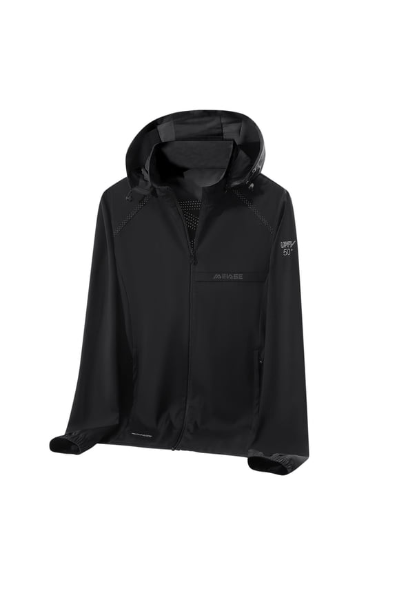 Men's Ravishing Perforated Process Design Top Zipper Closure with Pockets Outdoor Sunwear Hooded Going Out Ice Silk Coat Black M