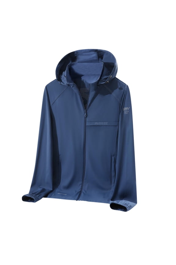 Men's Ravishing Perforated Process Design Top Zipper Closure with Pockets Outdoor Sunwear Hooded Going Out Ice Silk Coat Navy M