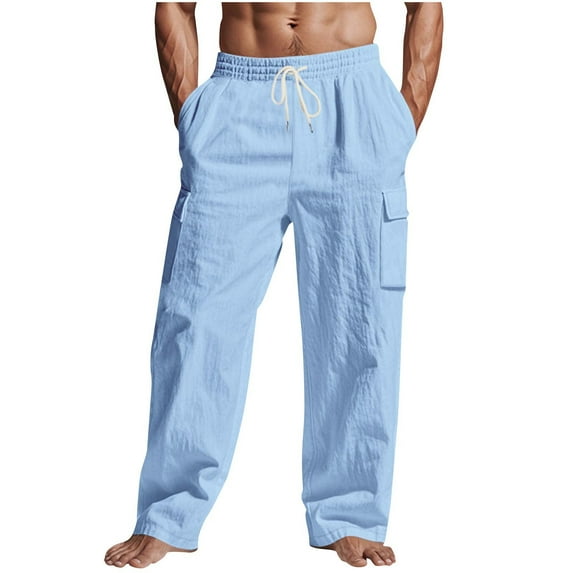 YLSDY Men's Relaxed Fit Cargo Pants Stretchy Elastic Waist Loose Fit Lightweight Work Casual Cargo Pants with Multi Pockets Light Blue M