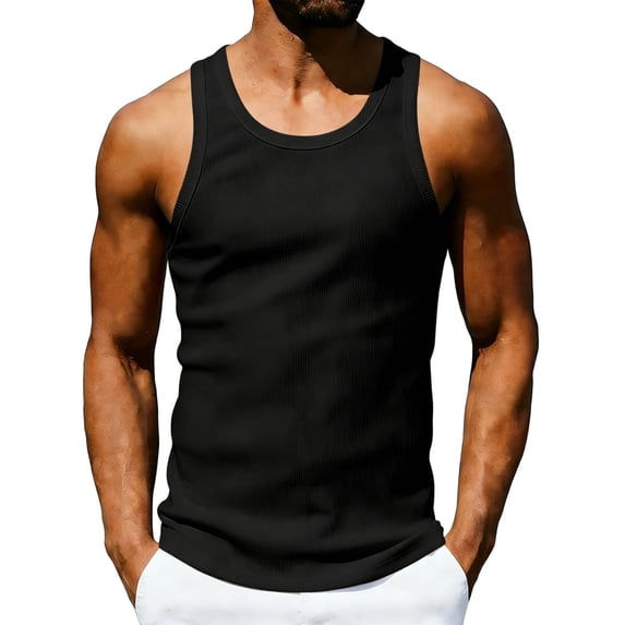 YLSDY Men's Ribbed Crew Neck Tank Top, High Elastic Compression Sleeveless Shirt for Gym Training Black S