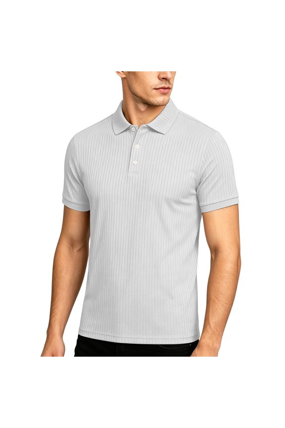 Men's Ribbed Knit Collared Shirt, Fashion Allover Vertical Stripe Texture, Short Sleeve Button Placket Top White S