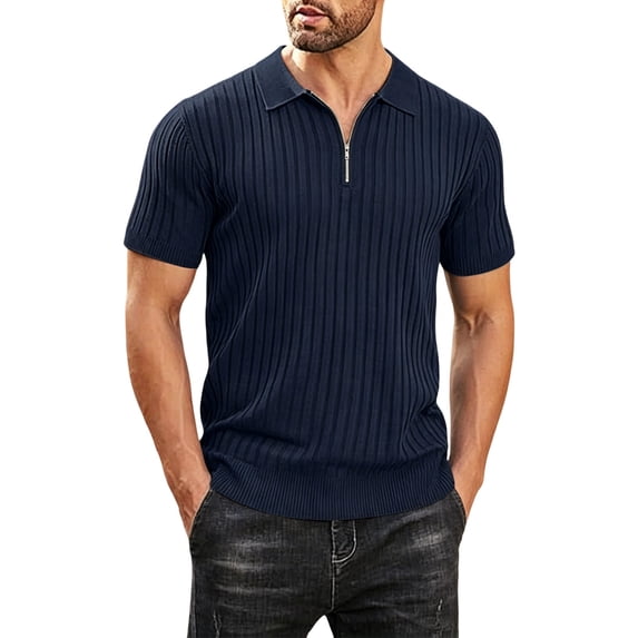 YLSDY Men's Ribbed Quarter-Zip Golf Shirt, Textured Knit with Open Collar, Short Sleeve Casual Top Navy M