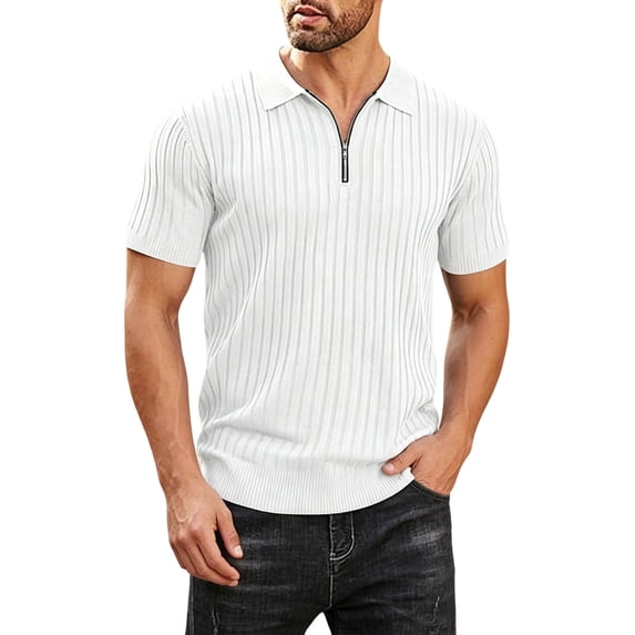 YLSDY Men's Ribbed Quarter-Zip Golf Shirt, Textured Knit with Open Collar, Short Sleeve Casual Top White M