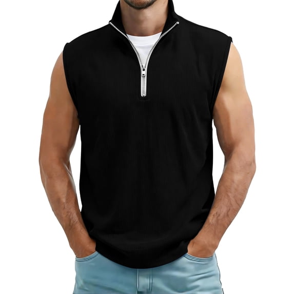 YLSDY Men's Ribbed Quarter-Zip Sleeveless Top, Casual Textured Shirt with Mock Neck for Layering Black M