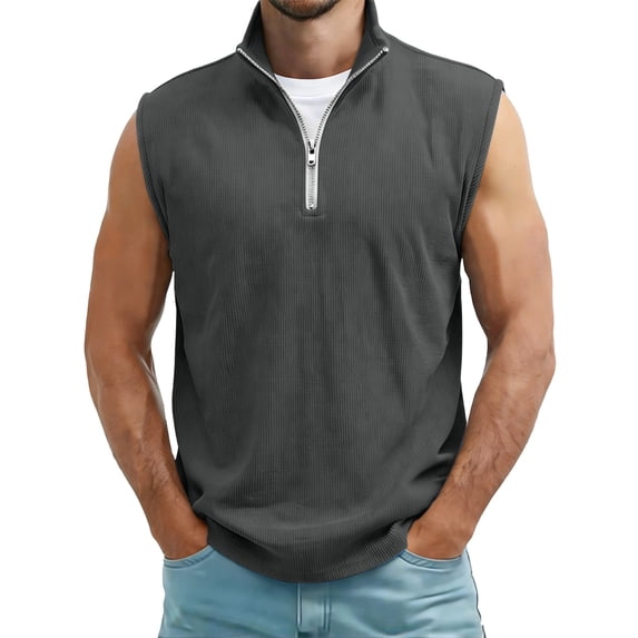 YLSDY Men's Ribbed Quarter-Zip Sleeveless Top, Casual Textured Shirt with Mock Neck for Layering Dark Gray XL