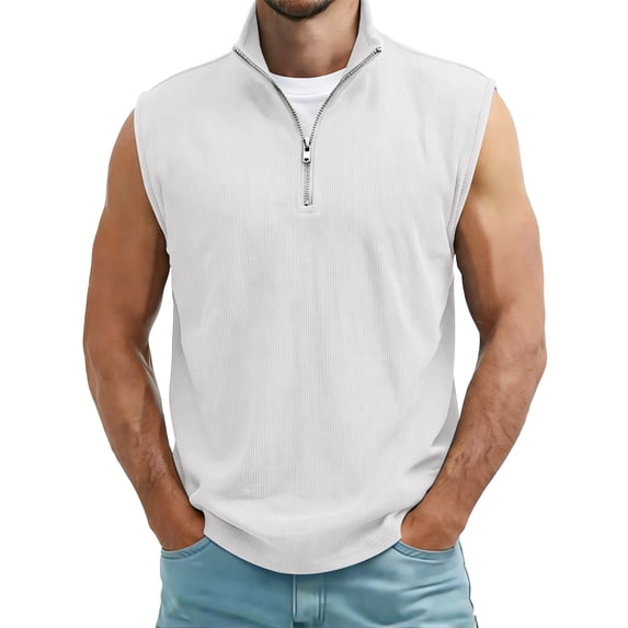 YLSDY Men's Ribbed Quarter-Zip Sleeveless Top, Casual Textured Shirt with Mock Neck for Layering White XXXL