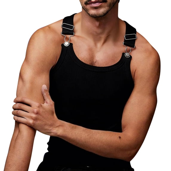 YLSDY Men's Ribbed Tank Top with Clip Suspenders, Retro Style Sleeveless Undershirt for Streetwear Black Free Size