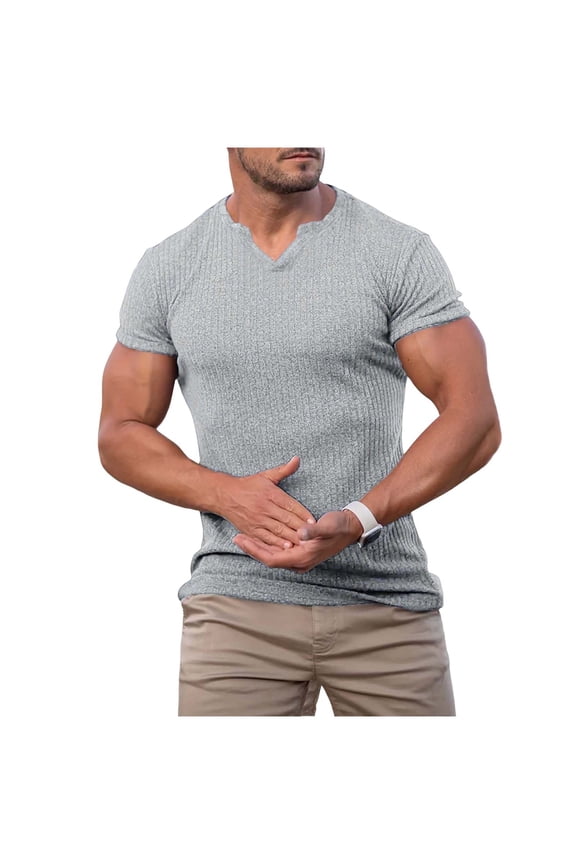 Men's Ribbed V-Neck T-Shirt Slim Fit Textured Casual Short Sleeve Muscle Tee Gray L