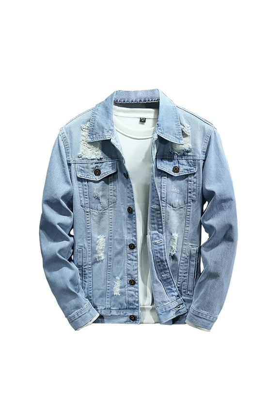 Men's Ripped Denim Jacket Distressed Jean Jacket Button Up Long Sleeve Light Jacket Light Blue XL