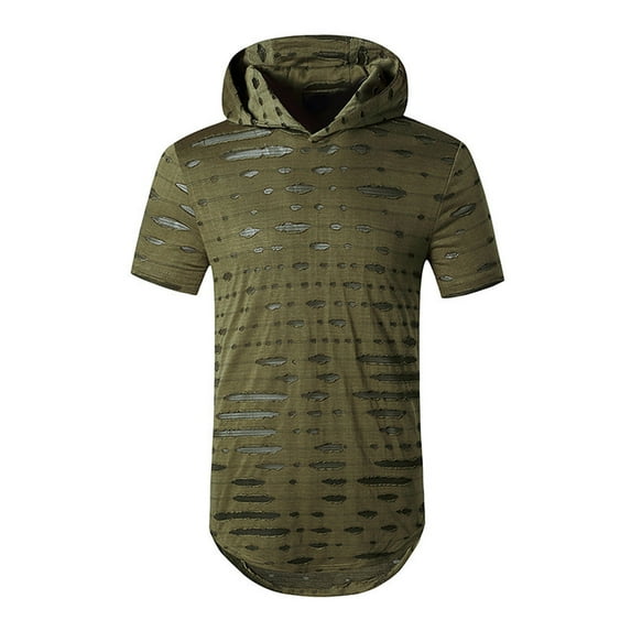 YLSDY Men's Ripped Hoodie Shirts Short Sleeve Hipster Hip Hop Round Hem Tees with Hood 2024 Summer Fashion Casual Pullover Blouses Army Green M