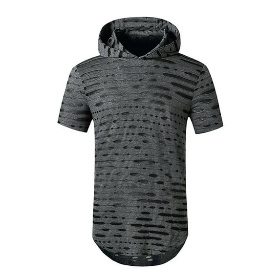 YLSDY Men's Ripped Hoodie Shirts Short Sleeve Hipster Hip Hop Round Hem Tees with Hood 2024 Summer Fashion Casual Pullover Blouses Dark Gray XL