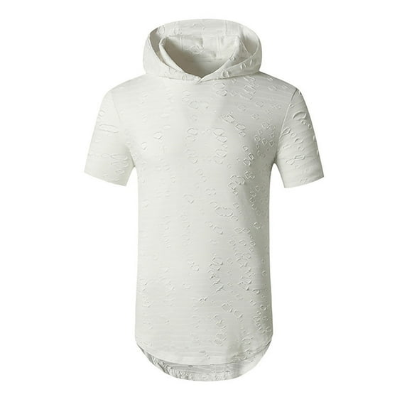 YLSDY Men's Ripped Hoodie Shirts Short Sleeve Hipster Hip Hop Round Hem Tees with Hood 2024 Summer Fashion Casual Pullover Blouses White S
