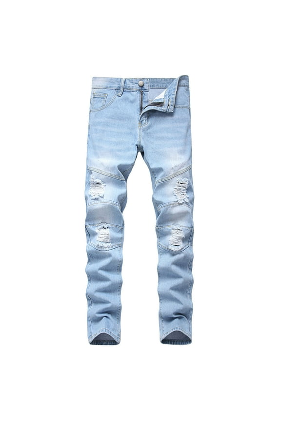 Men's Ripped Jeans Denim Pants Slim Fit Distressed Moto Jeans Straight Leg Stretch Trousers Light Blue 32