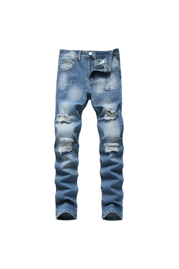 Men's Ripped Jeans Distressed Denim Pants Slim Fit Trousers Stretch Skinny Jeans Ripped Holes Pants Blue 34
