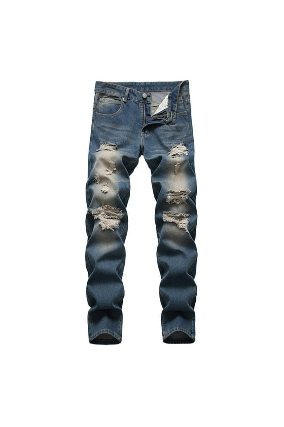 Men's Ripped Jeans Distressed Denim Slim Fit Stretch Pants Trousers Skinny Jeans Fashion Ripped Holes Blue 34