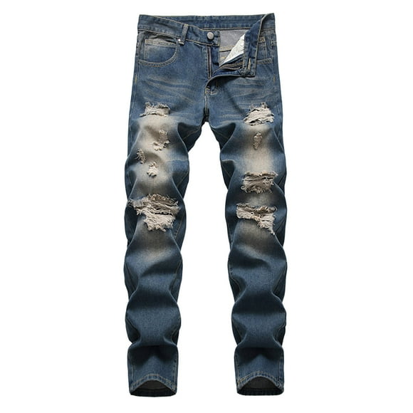 YLSDY Men's Ripped Jeans Distressed Denim Slim Fit Stretch Pants Trousers Skinny Jeans Fashion Ripped Holes Blue 38