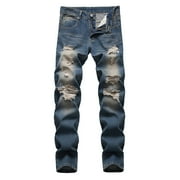 YLSDY Mens Ripped Jeans Distressed Denim Slim Fit Stretch Pants Trousers Skinny Jeans Fashion Ripped Holes Blue 42