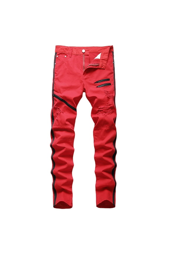 Men's Ripped Jeans Red Side Stripe Slim Fit Distressed Denim Zipper Pants Skinny Fit Streetwear Fashion Pants Red 46