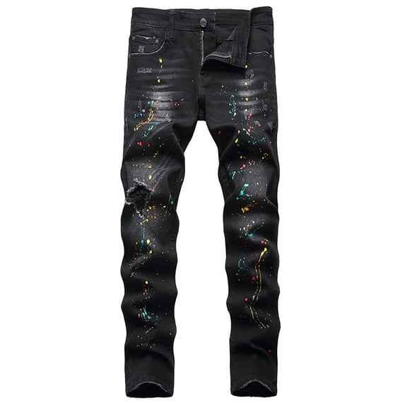YLSDY Men's Ripped Paint Splash Skinny Jeans Distressed Denim Pants Slim Fit Street Black 32