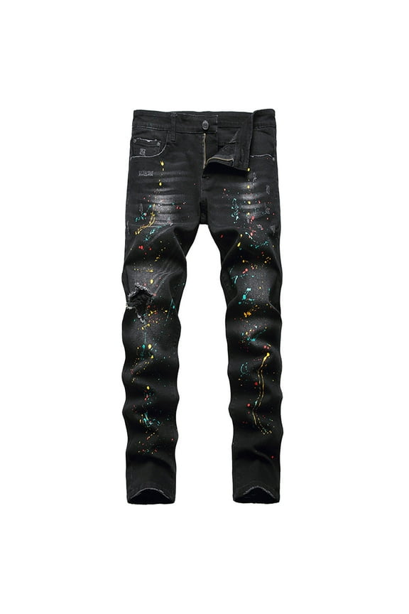 Men's Ripped Paint Splash Skinny Jeans Distressed Denim Pants Slim Fit Street Black 42