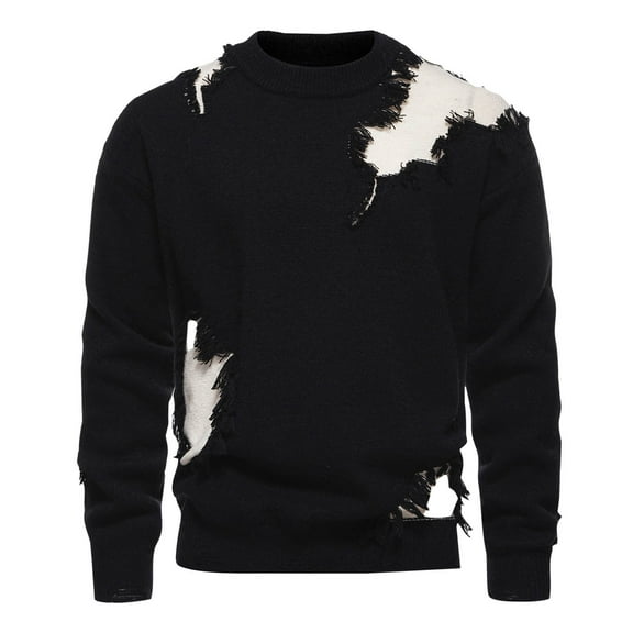 YLSDY Men's Ripped Raglan Patchwork Pullover Sweater Fall Fashion Crew Neck Distressed Knit Sweater Jumpers Tops Black M