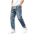 thumbnail image 1 of YLSDY Men's Roll Cuff Elastic Waist Jeans, Drawstring Design, Relaxed Fit Casual Daily Denim Pants Navy L, 1 of 9