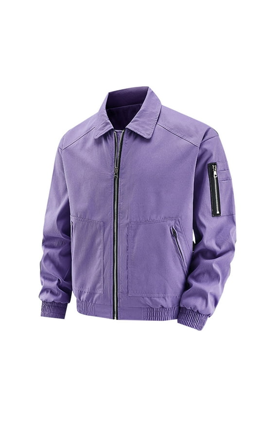 Men's Fashion Flight Jacket Lightweight Zip Up Baseball Jacket Cotton Outdoor Windbreaker Solid Color Full Zip Stand Collar Long Sleeve Sport Purple L