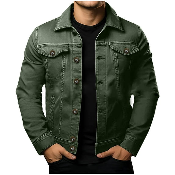 YLSDY Men's Fashion Denim Jacket Button Up Long Sleeve Cotton Jacket Classic Outwear Solid Color Regular Fit Trendy Coat Army Green XL