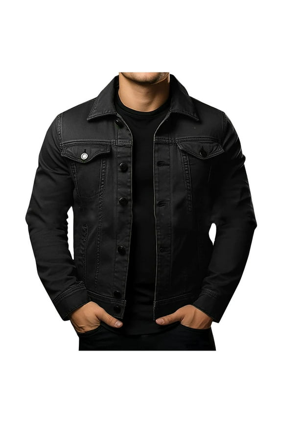 Men's Fashion Denim Jacket Button Up Long Sleeve Cotton Jacket Classic Outwear Solid Color Regular Fit Trendy Coat Black XXXL