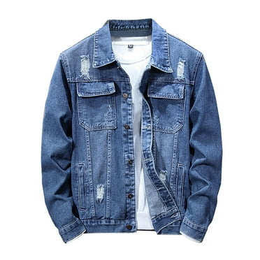 YLSDY Men's Rollbacks Denim Jacket Distressed Ripped Light Long Sleeve Button Up Jean Jacket Outerwear Dark Blue XL