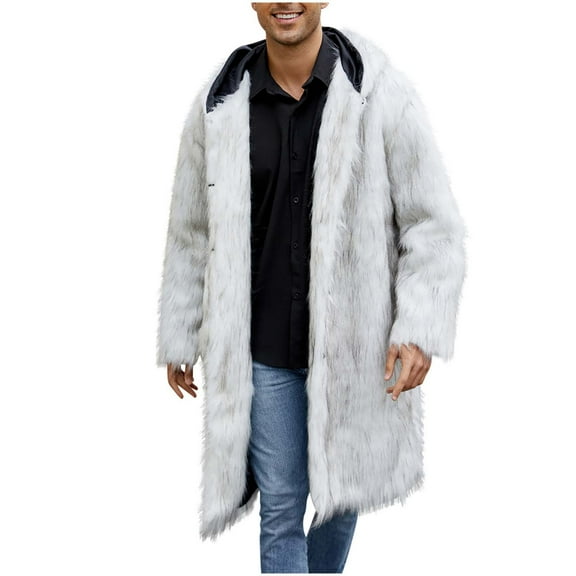 YLSDY Men's Fashion Faux Fur Coat Hooded Long Sleeve Winter Warm Overcoat Outerwear Jacket Cozy Oversized Faux Fur Hooded Jacket Gray M