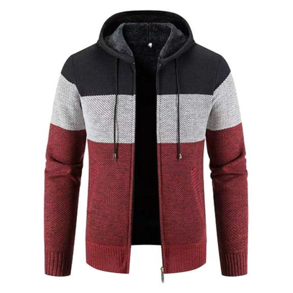 YLSDY Men's Fashion Hooded Zipper Cardigan Sweater Long Sleeve Knitwear Striped Color Block Warm Pullover Jacket Wine M