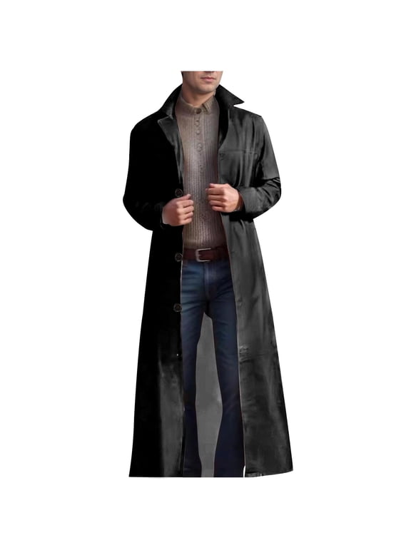 Men's Fashion Long Trench Coat Classic PU Leather Overcoat Button Down Windbreaker Jacket Black XXXXL