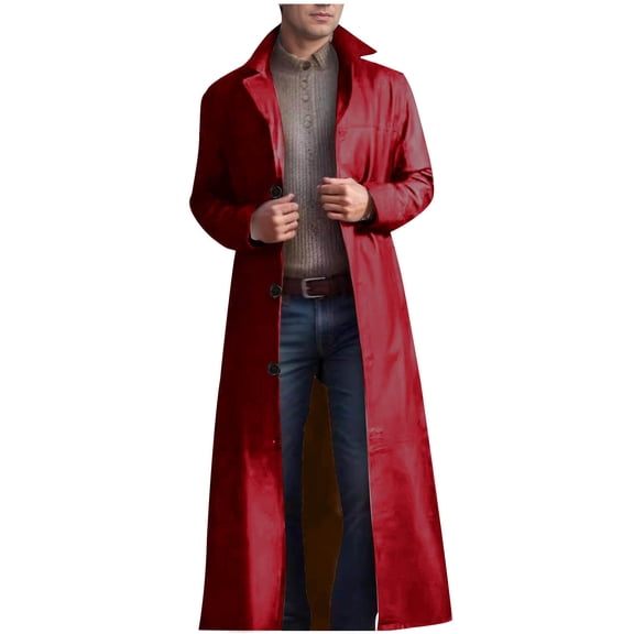 YLSDY Men's Fashion Long Trench Coat Classic PU Leather Overcoat Button Down Windbreaker Jacket Wine M