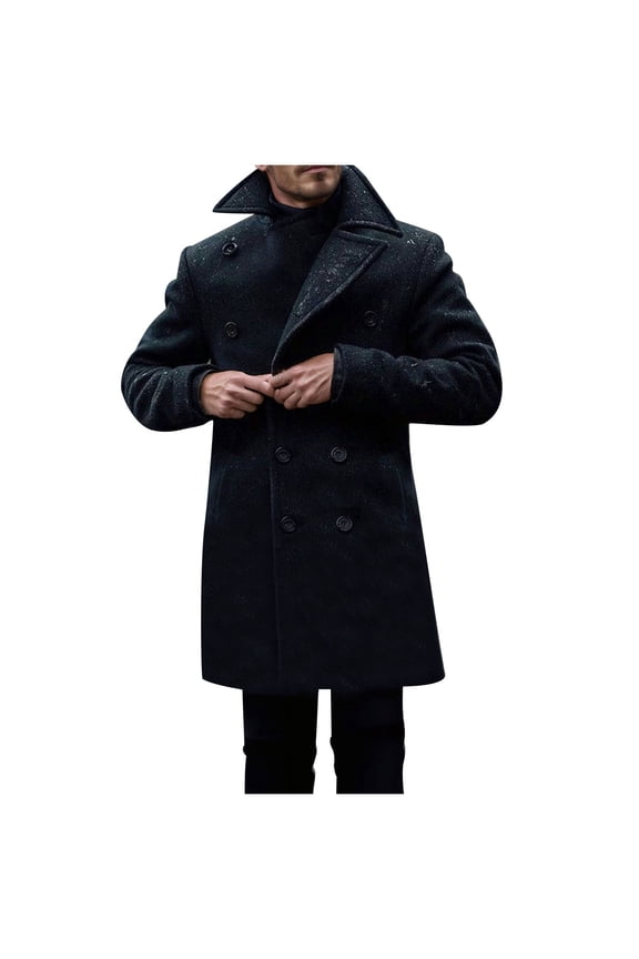 Men's Fashion Peacoat Double Breasted Warm Winter Coat Thicken Overcoat Long Trench Coat Jacket Black M