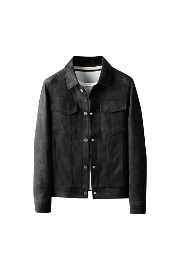 Men's Fashion Suede Jacket Button Up Long Sleeve Outwear Suede Jacket Slim Fit Soft Comfortable Lightweight Outerwear Black XXL