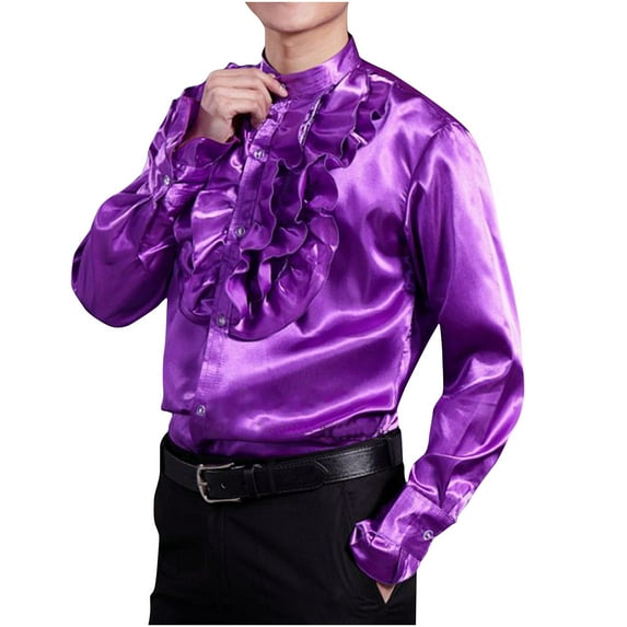 YLSDY Men's Ruffled Dress Shirt Long Sleeve Stand Collar Button Down Formal Wedding Party Shirts Purple XL