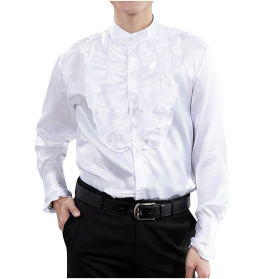YLSDY Men's Ruffled Dress Shirt Long Sleeve Stand Collar Button Down Formal Wedding Party Shirts White L